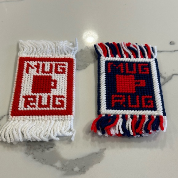 Set of Two Red, Blue & White Handmade Plastic Canvas Mug Rugs - Picture 1 of 1